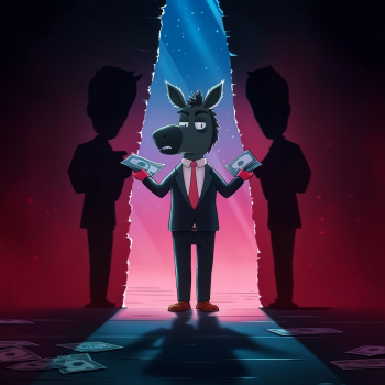 A humanoid mule character in a suit and red tie stands in a spotlight, holding cash in both hands, with two shadowy human figures looming in the background and scattered money on the floor, all against a dramatic red and blue backdrop.